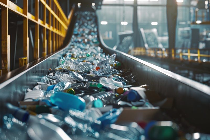 Conveyor belt in a facility bustling with plastic waste for recycling under artificial light. Recycling bedrijf